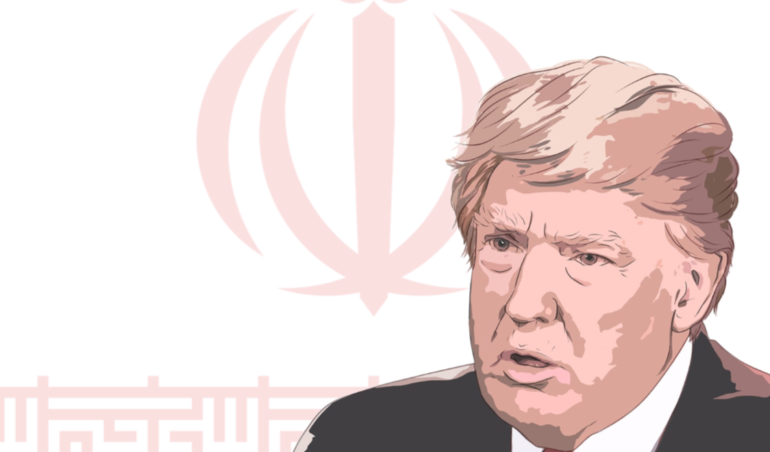 Ein Symbolbild des Konflikts. Eine Zeichnung von Trump vor der iranischen Flagge.