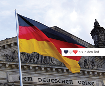 Reichstag mit Deutschlandflagge, davor eine Chat-Nachricht mit dem Inhalt "Blau, weiß, rot bis in den Tod"