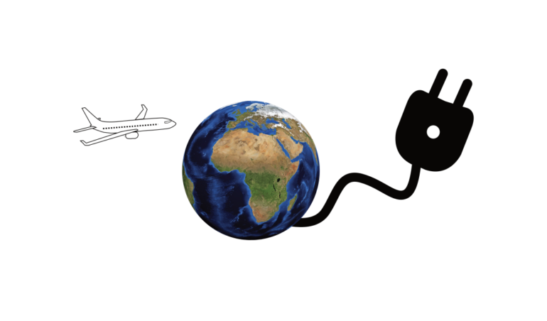 Illustration, in der ein Stromkabel aus der Erde kommt. Darüber fliegt ein Flugzeug.